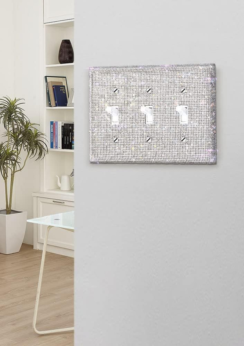 Silver Shiny Sparkle Bling Crystal Rhinestones Wall Plate Cover, 3-Gang Toggle L