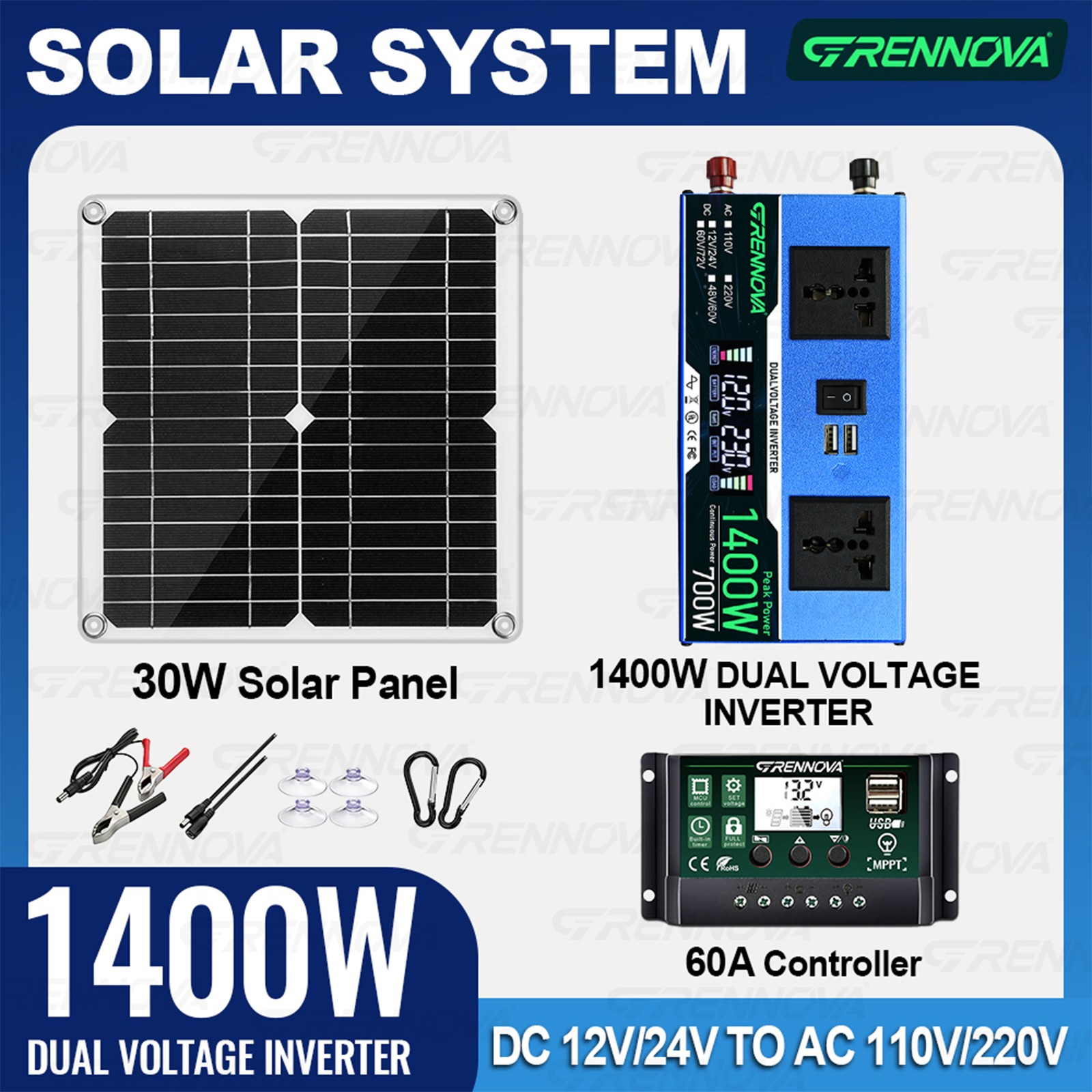 Grennova 1400W True Watt Solar Kit 60A MPPT 12/24V Inverter Outdoor Emergency