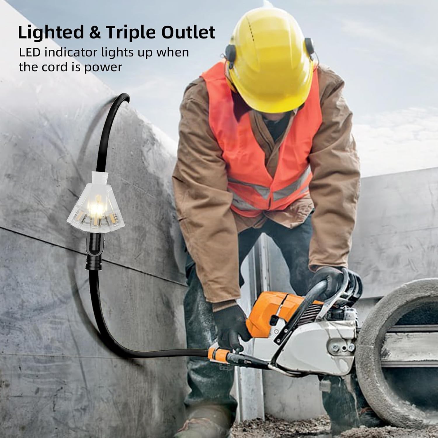 50Ft Outdoor Extension Cord w 3 Outlets, 12GA, 15A, 125V, 1875W for Home, Garden