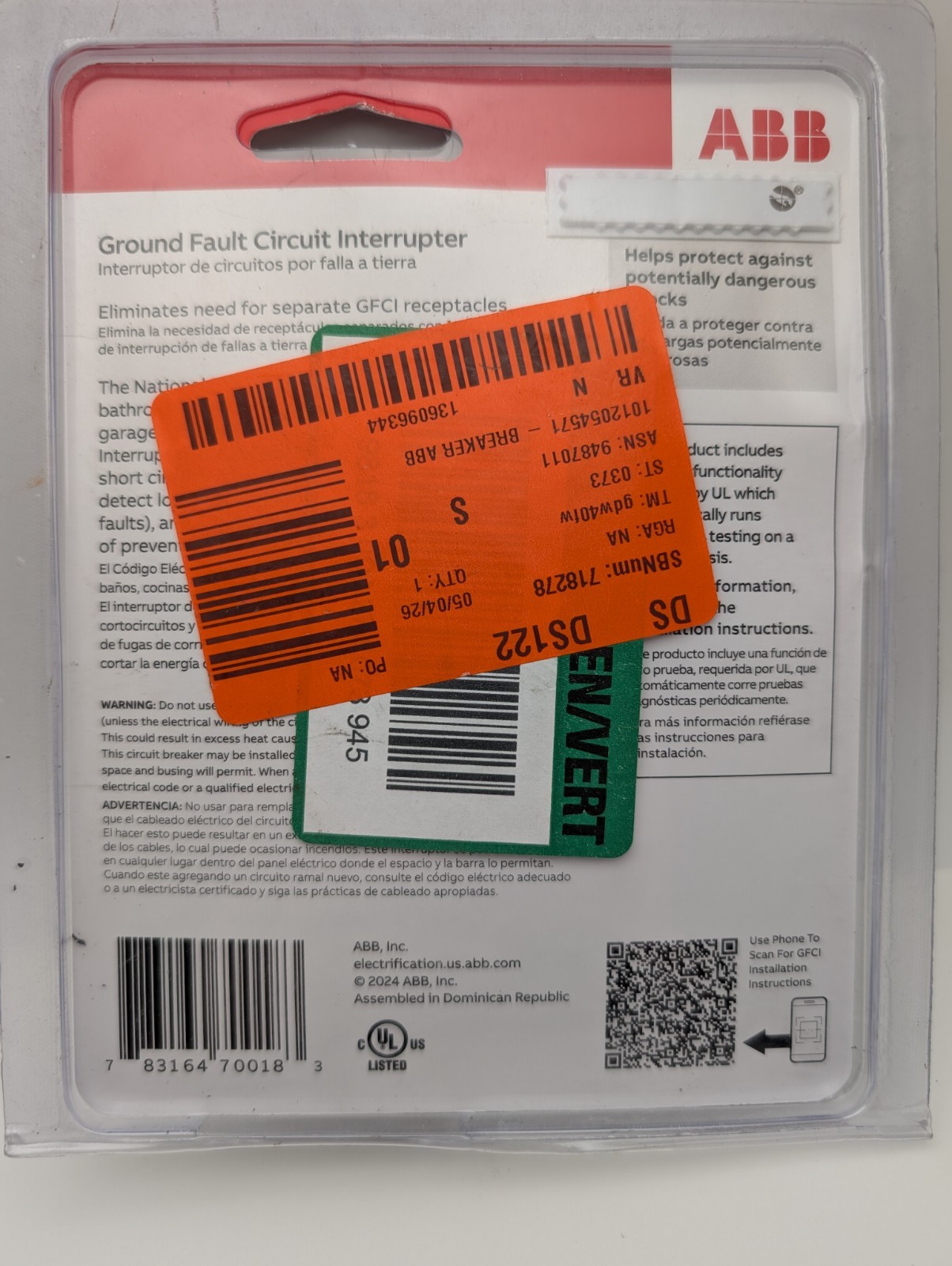 ABB THQL1120PGFTA CIRCUIT BREAKER GFCI 20 AMP 120V 1-POLE (Sealed, PKG Wear)