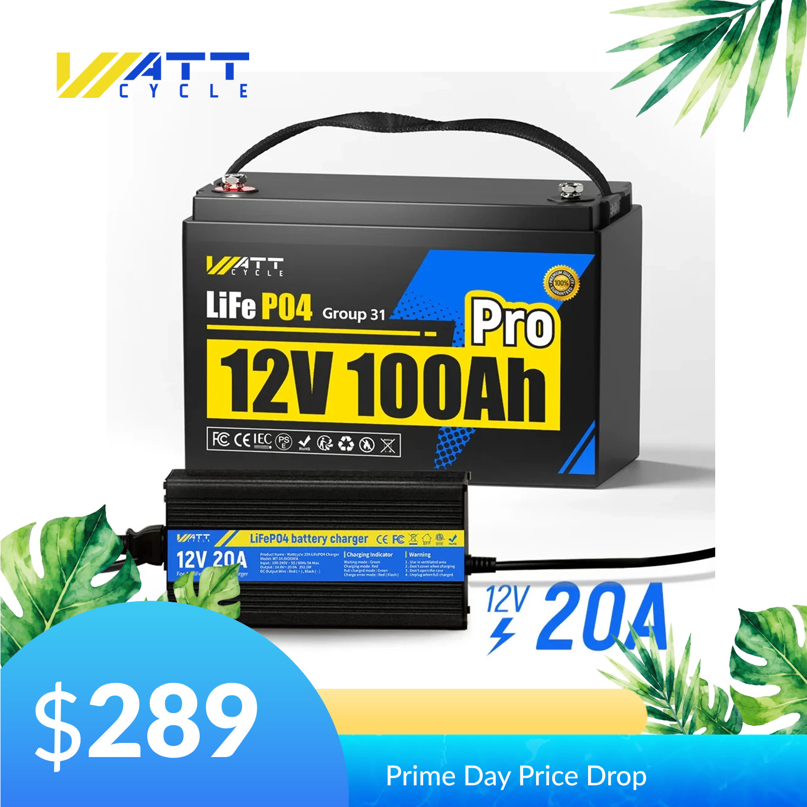 Wattcycle 12V 100Ah LiFePO4 Battery 110A BMS + 12V Charger for Solar Off-Grid