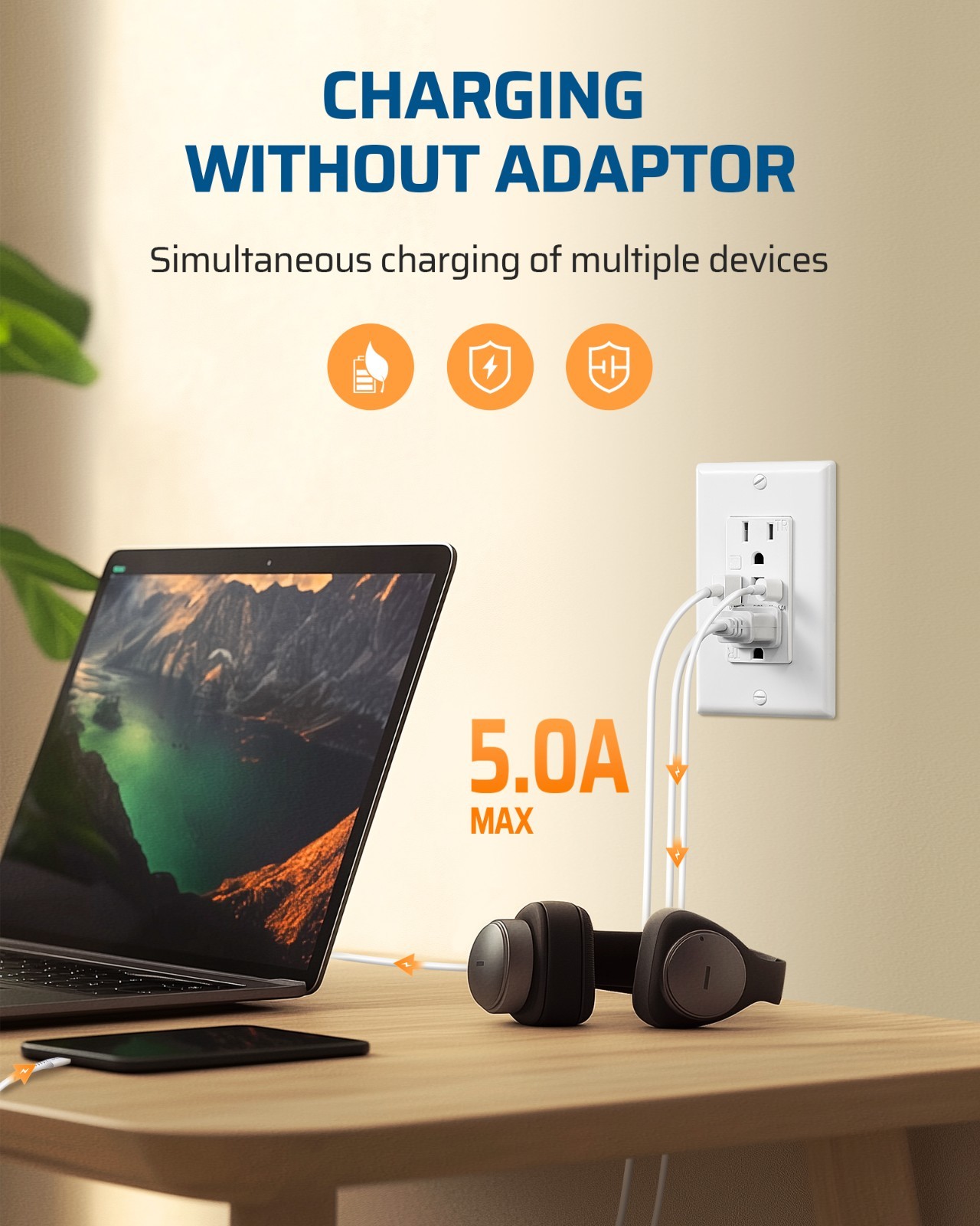 DEWENWILS Wall Outlet USB A+C Ports 5V 4.8A Fast Charging & LED Night Light