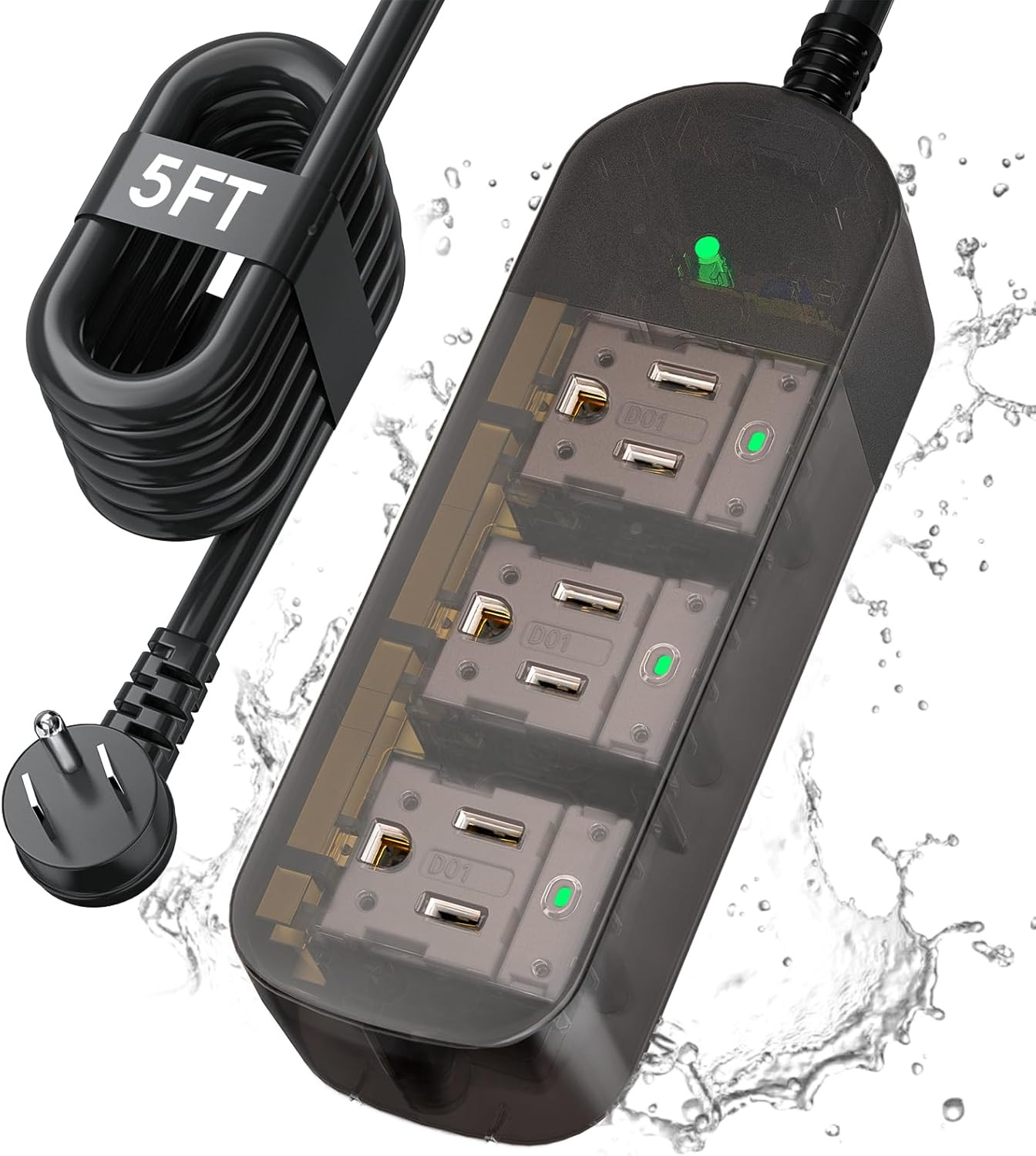 Transparent Outdoor Power Strip – Waterproof 3 Outlet Surge Protector 5FT Cord