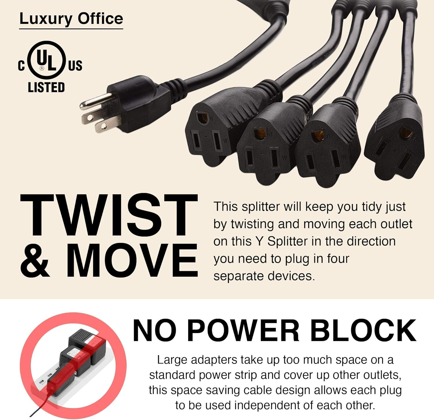 4 Way Power Splitter – 1 to 4 Extension Cord Splitter, 1.5′ Short Extension Cord
