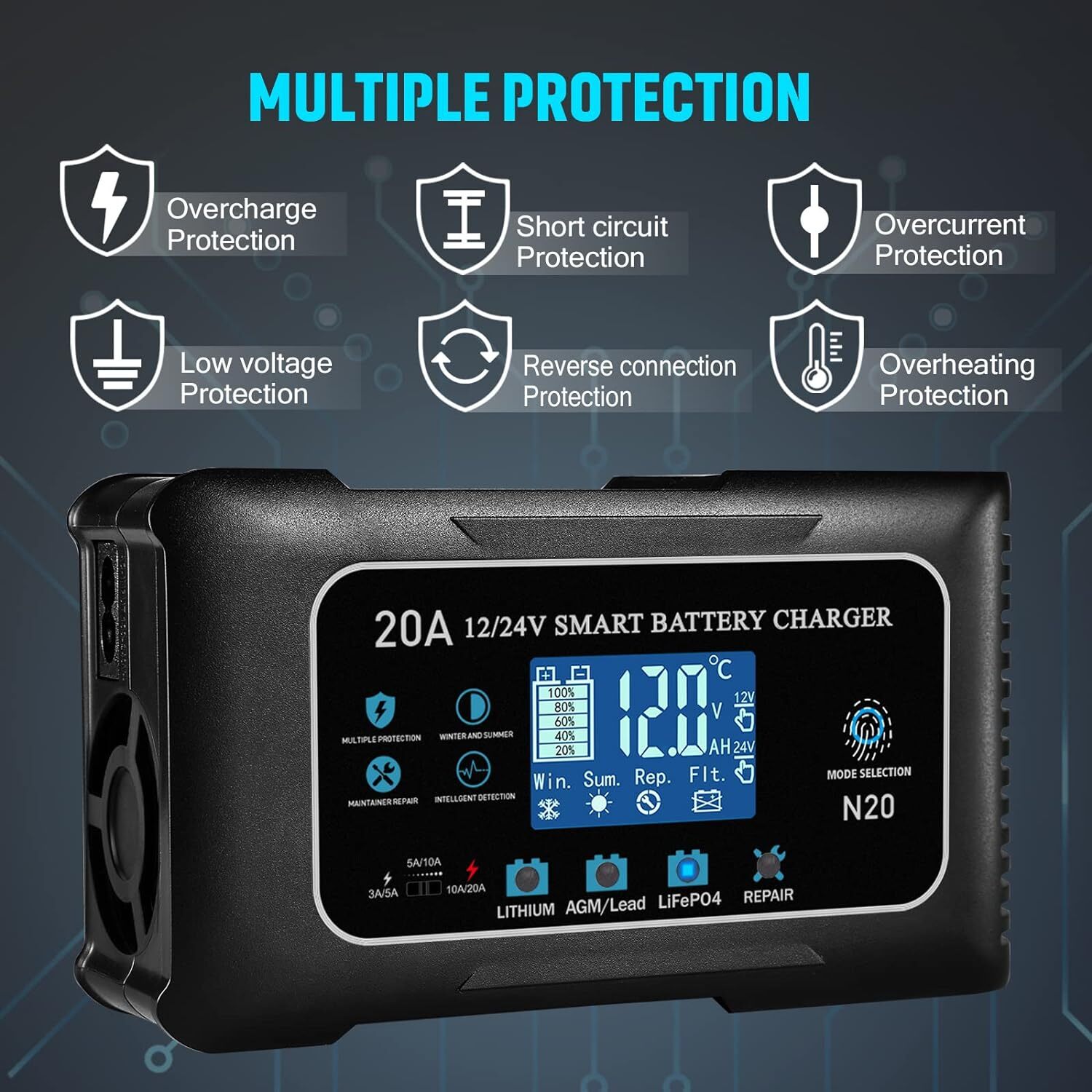 20-Amp Lifepo4 Lithium AGM Gel Smart Battery Charger, 12V/20A 24V/10A Trickle