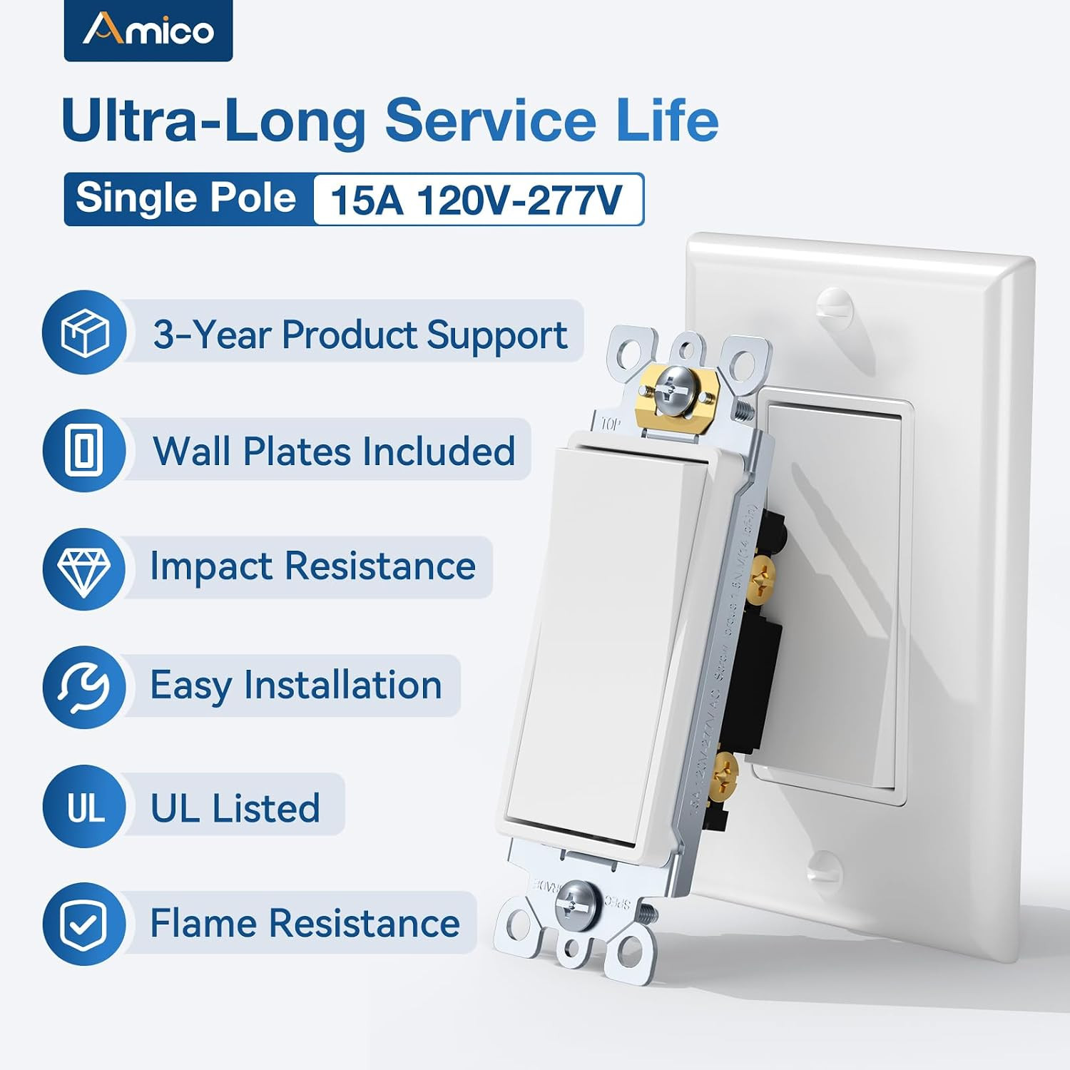 30 Pack Single Pole Light Switch with Wall Plate, UL Listed, 15A 120/277V, On/Of