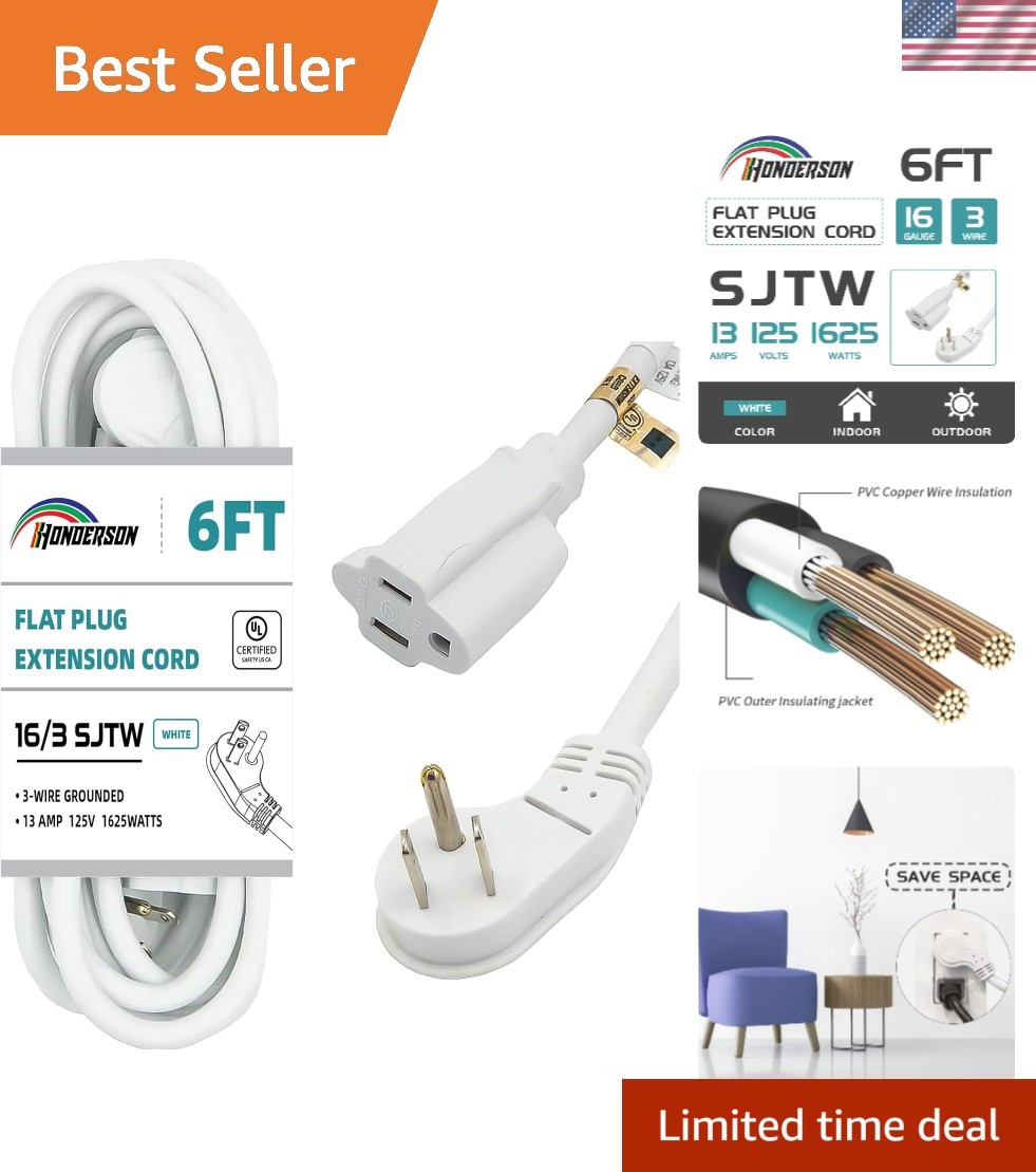 Versatile 3-Prong 6FT Extension Cord with Flat Plug – Perfect for Home & Garden