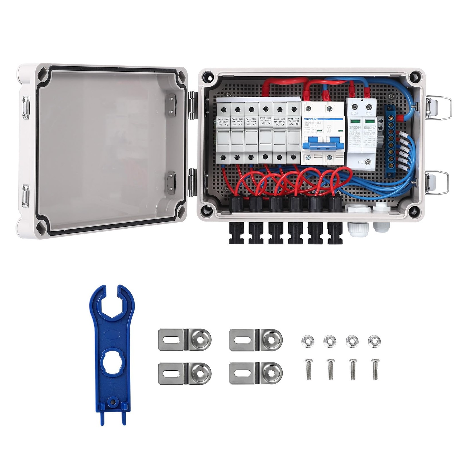 1pc 6 String PV Combiner Box, DC 500V 15A Fuse Solar Combiner Box Plastic Wate