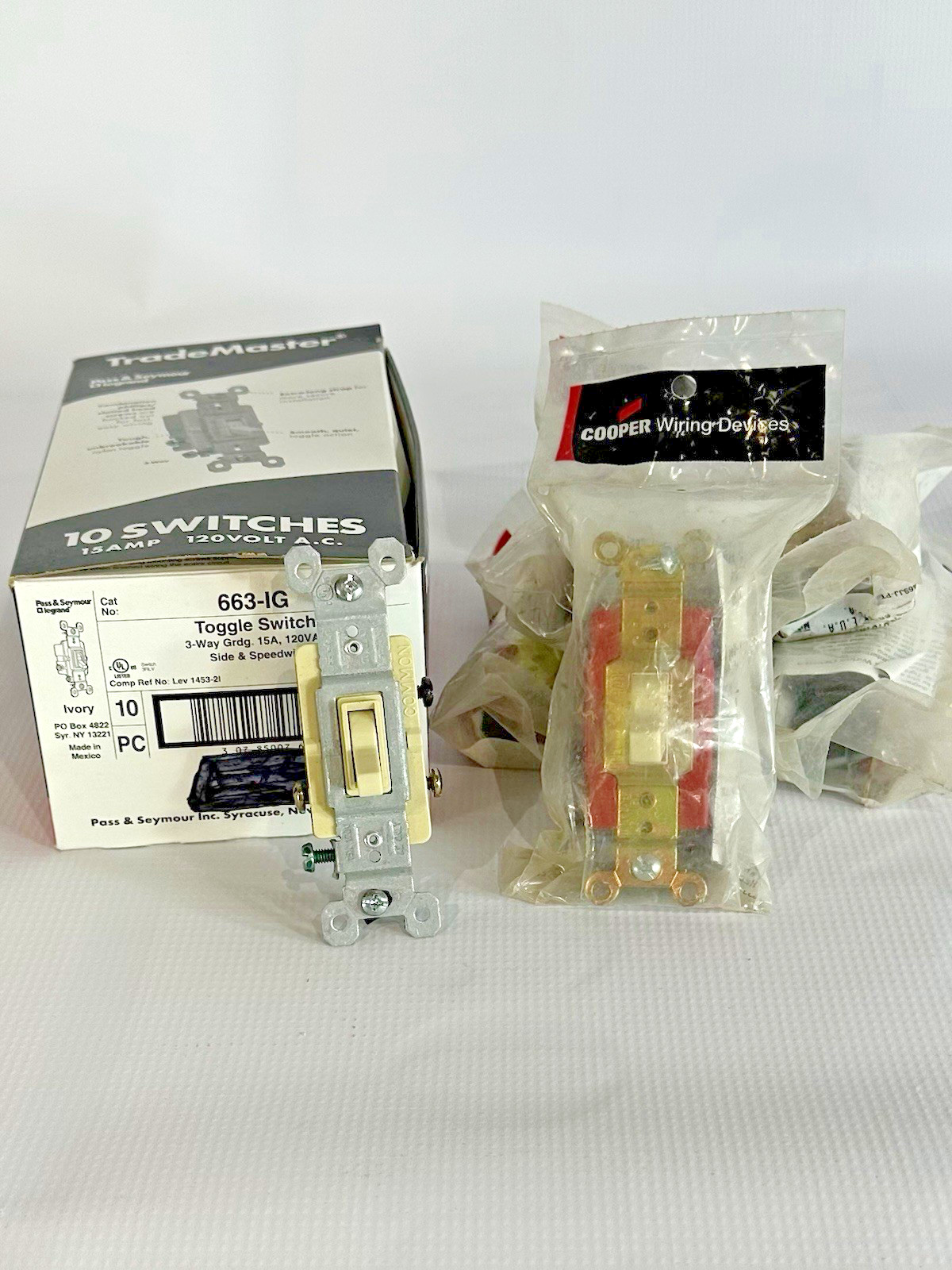 10 Pass & Seymour 663-IG 3-Way Switches + 6 Cooper 2224V 4-Way Switches – New