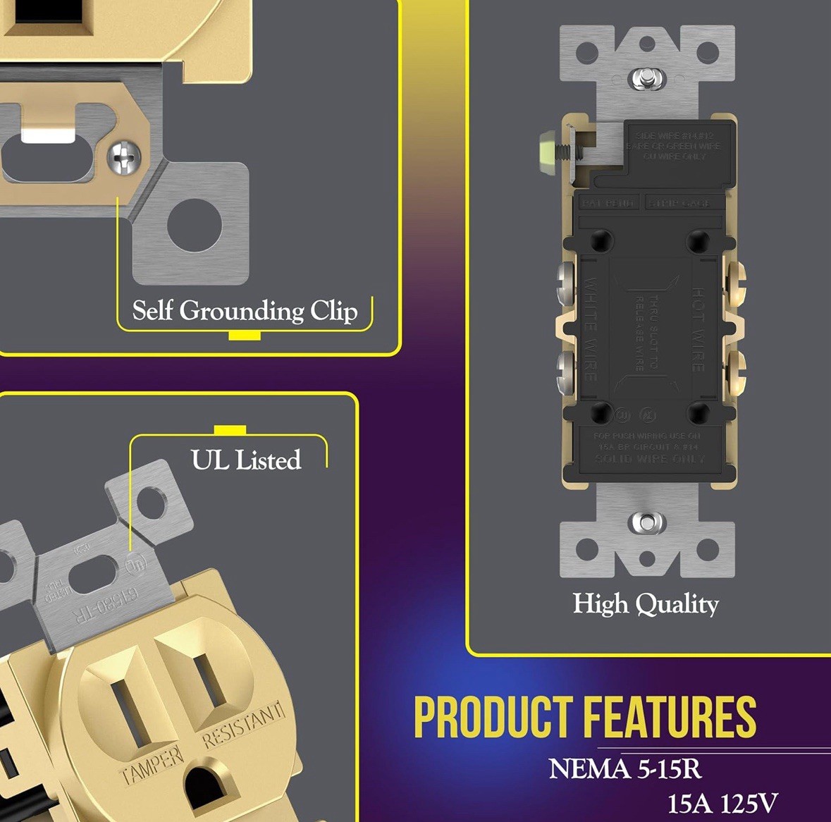 Enerlites Elite Series Gold Duplex Receptacle Wall Outlet 3-Wire 2-Pole 15A 125V
