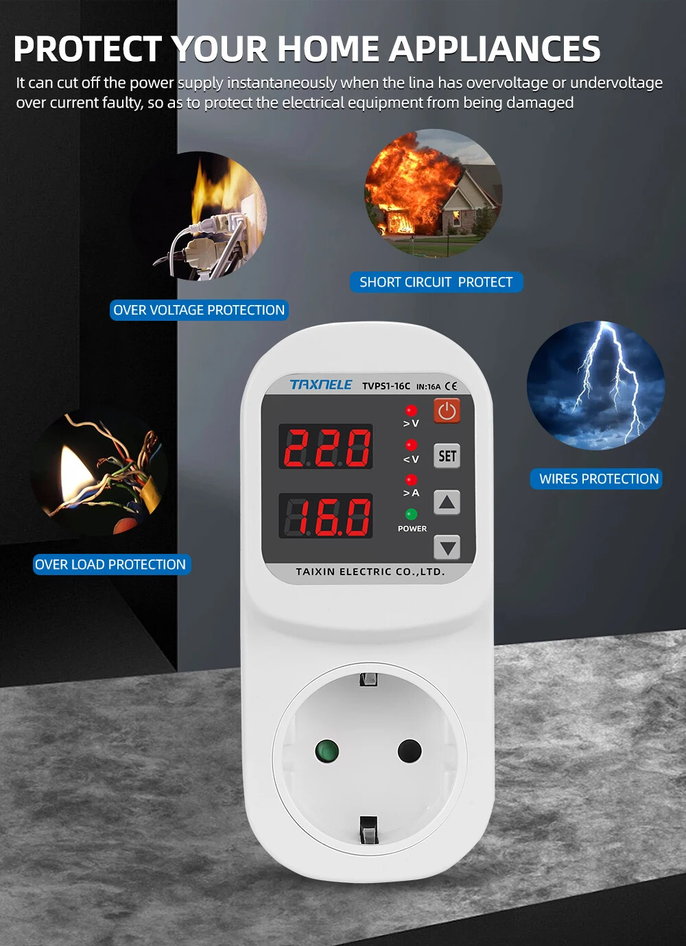16A Voltage Protector Over Under Current Adjustable Surge Protection 220V 110V
