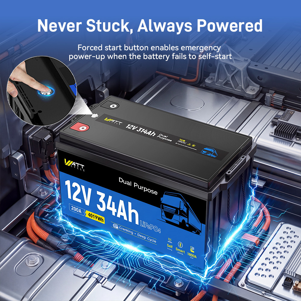 WattCycle 12V 314Ah 300Ah 1800 CCA Dual Purpose LiFePO4 Battery Self-Heating