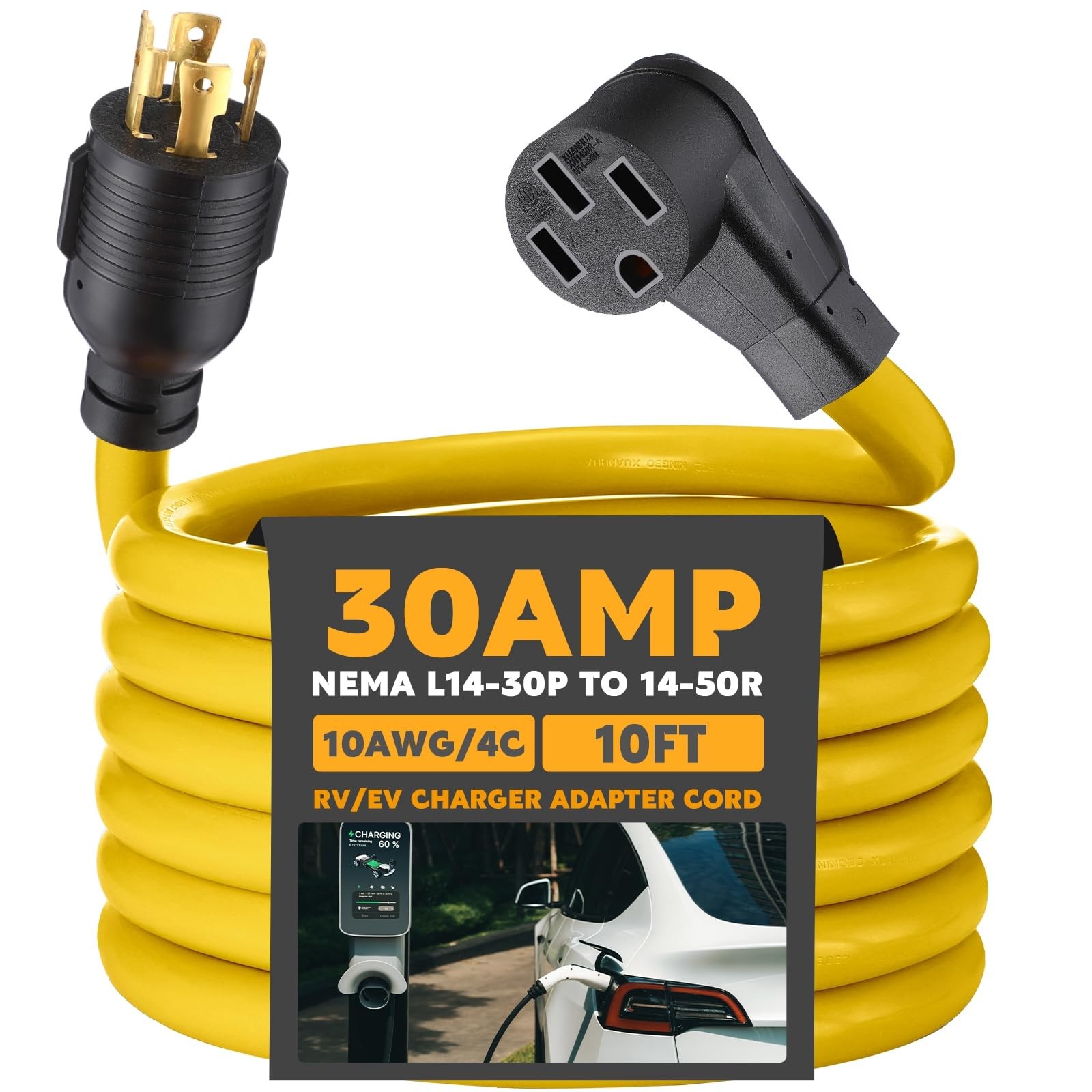Tellegloww 10Ft Nema L14-30P To 14-50R Generator To Rv/Ev Adapter Cord 4 Prong