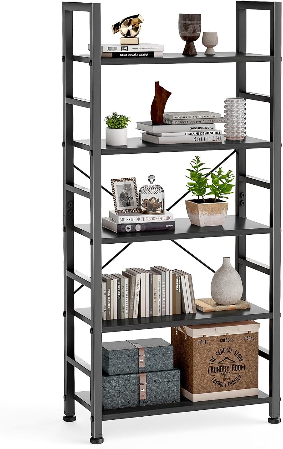 DUMOS 5 Tiers Open Bookshelf, Classic Freestanding Tall Display Shelf