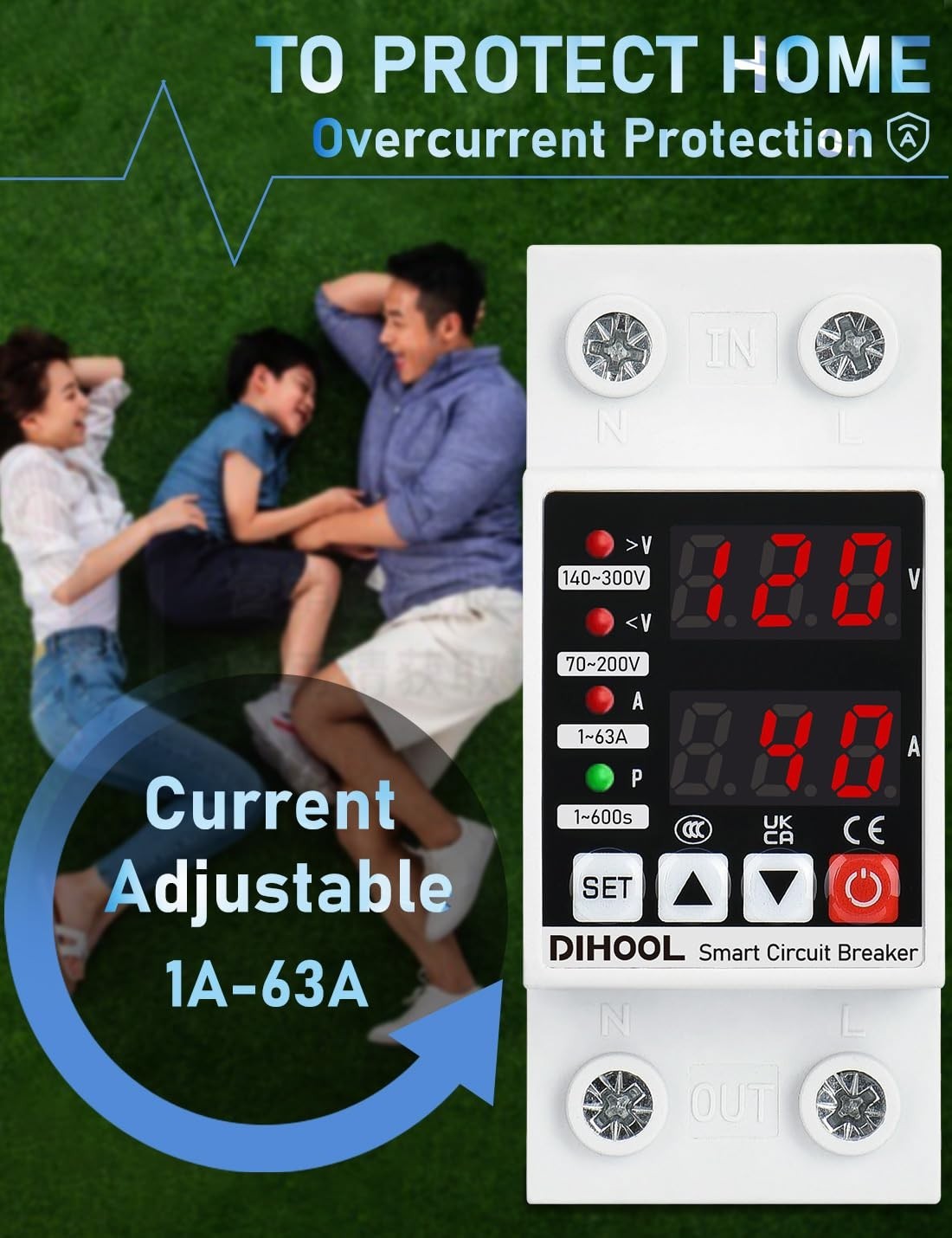 Adjustable Voltage Protector 0V-220V 63A Overcurrent & Overvoltage Cutoff