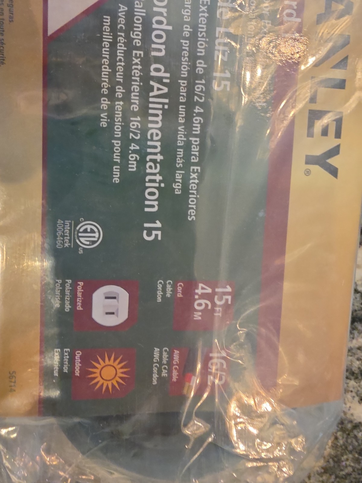 NEW Sealed Stanley 15 Ft Outdoor Extension Cord Light Cord 16/2 Gauge 56714