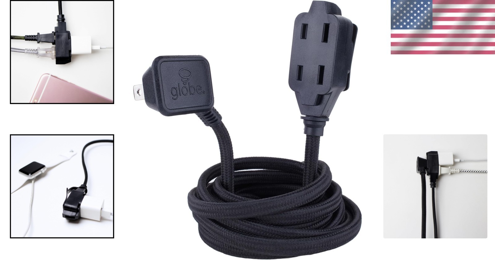 Modern 9ft Fabric Power Cable with 3 Outlets and Space-Saving Right Angle Plug