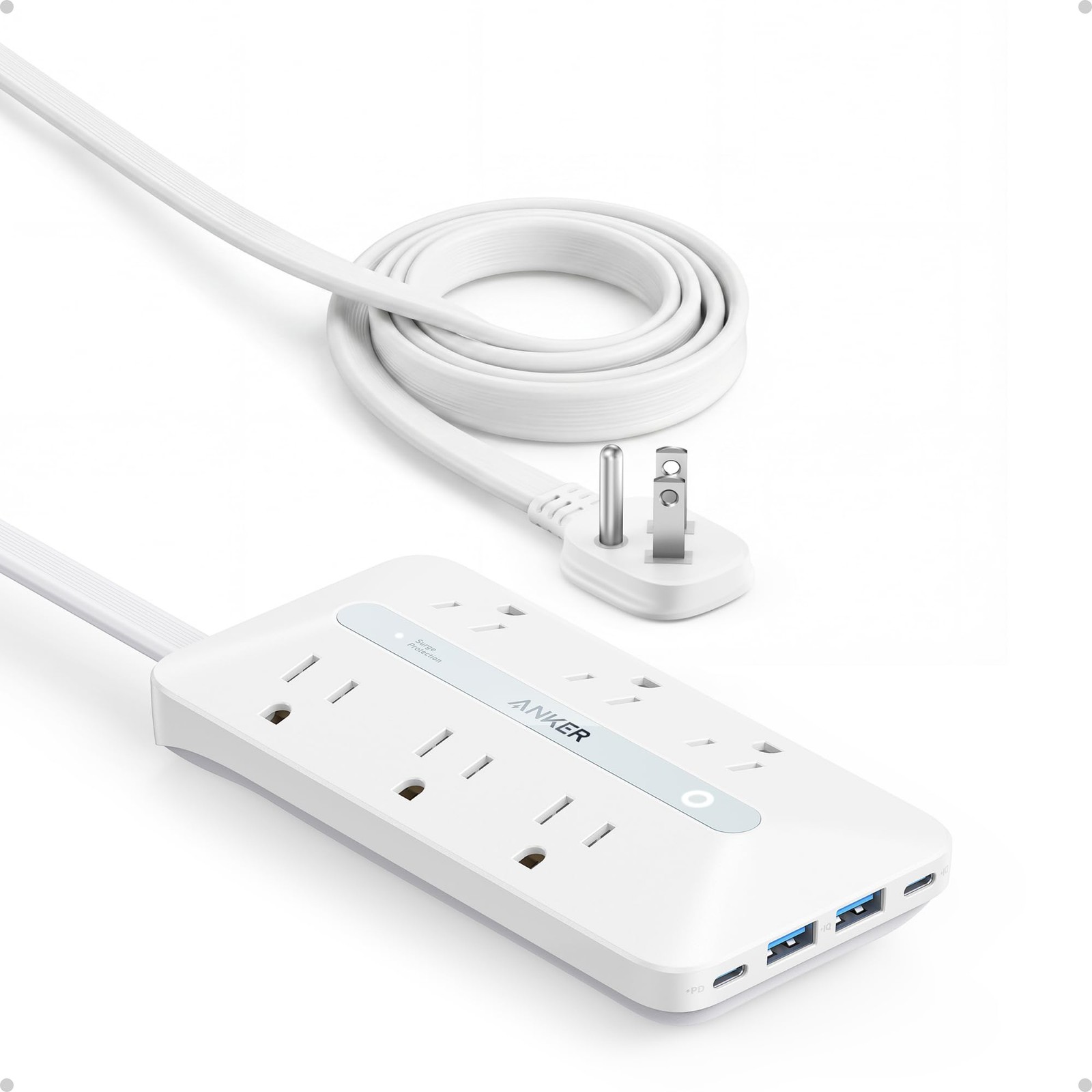 Anker Power Strip with 300J Surge Protector, Flat Plug Extension 10FT, White