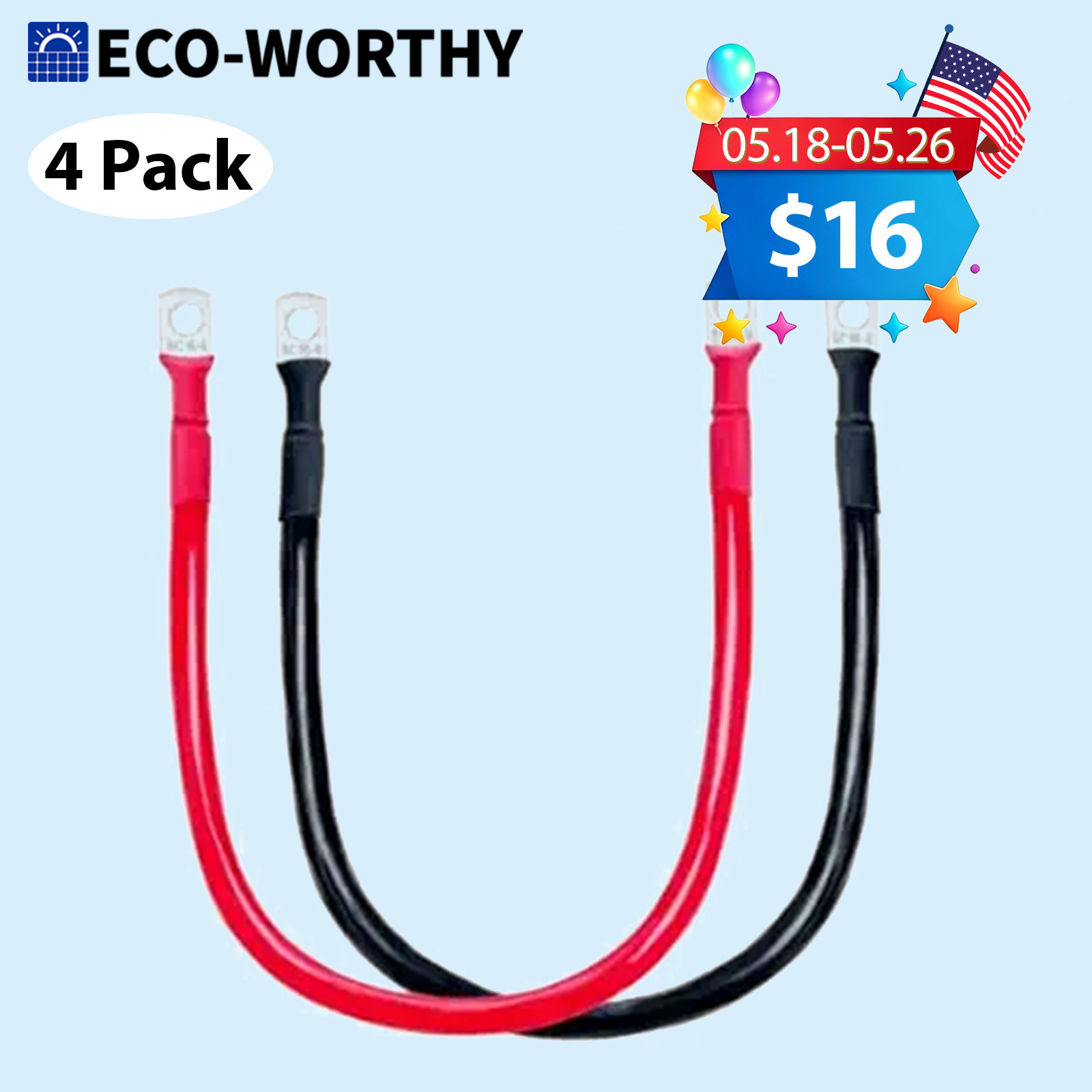 ECO-WORTHY 4 Pack M6 5AWG Battery Cable with 15/64” Lug Terminals 14inch Cables