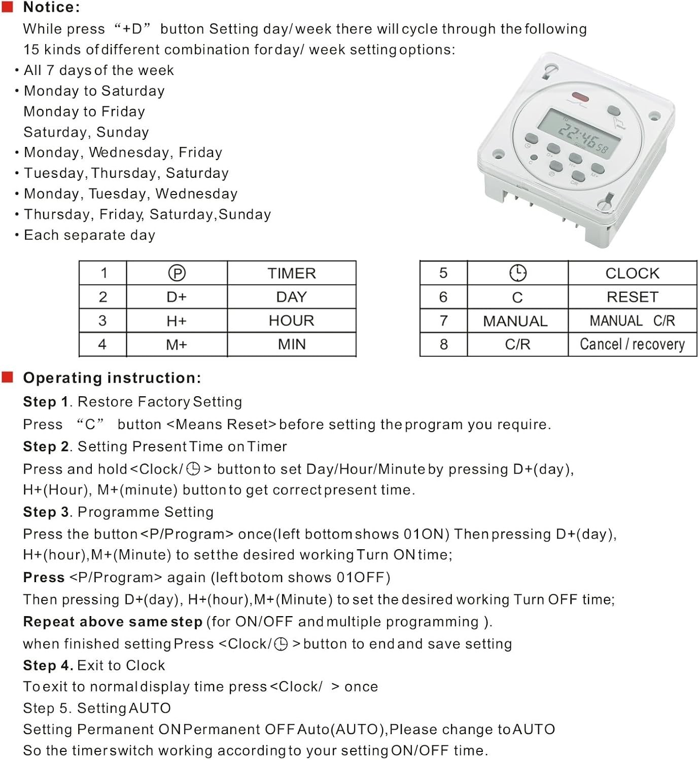 Timer Switch, CN101A, AC 110V 16Amp, Digital LCD Power Programmable Timer Time