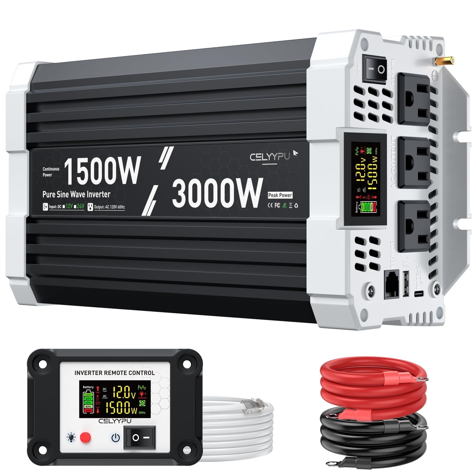 CELYYPU 1500 Watt Pure Sine Wave Inverter, 12V DC 110V AC Power Inverter, Used