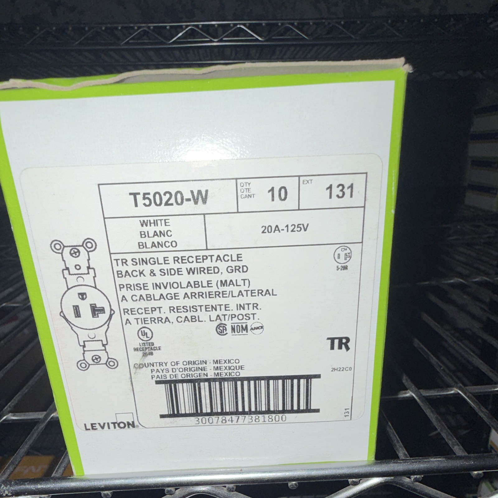 Leviton T5020-W 20A 125V Tamper Resistant Single Outlet, White Back/Side