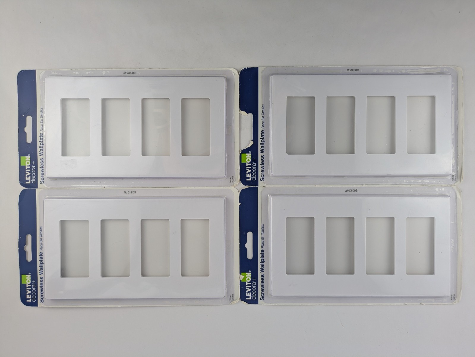 (4) Leviton White 4-Gang Screwless Wallplate Decora Plus Polycarbonate 80312-SW
