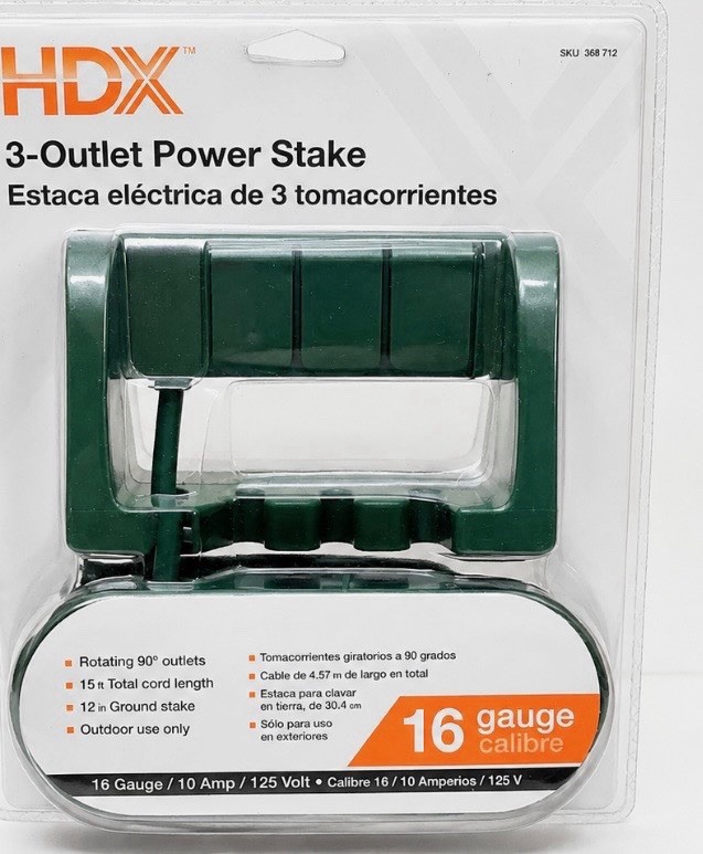 HDX Outdoor Power Stake 3-Outlet 15 ft 125V 6-10A Rotating 90° Green