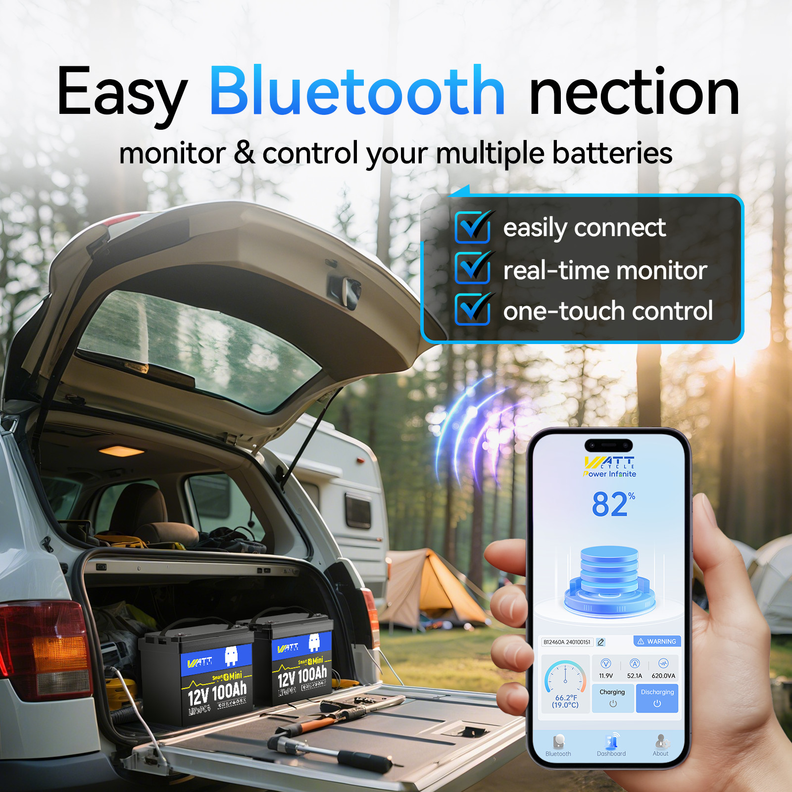 WattCycle 12V 100Ah Lithium Deep Cycle Battery Bluetooth for RV Solar Off-Grid