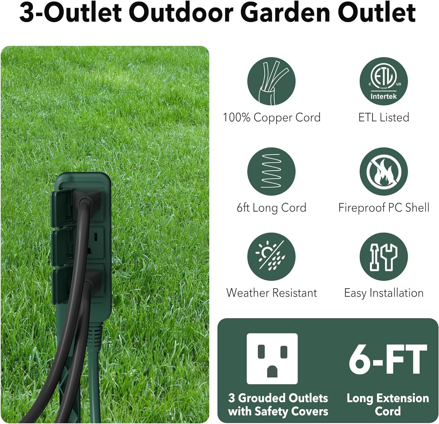 HBN Outdoor Power Stake Waterproof 6Ft Extension Cord with 3 Grouded Outlets