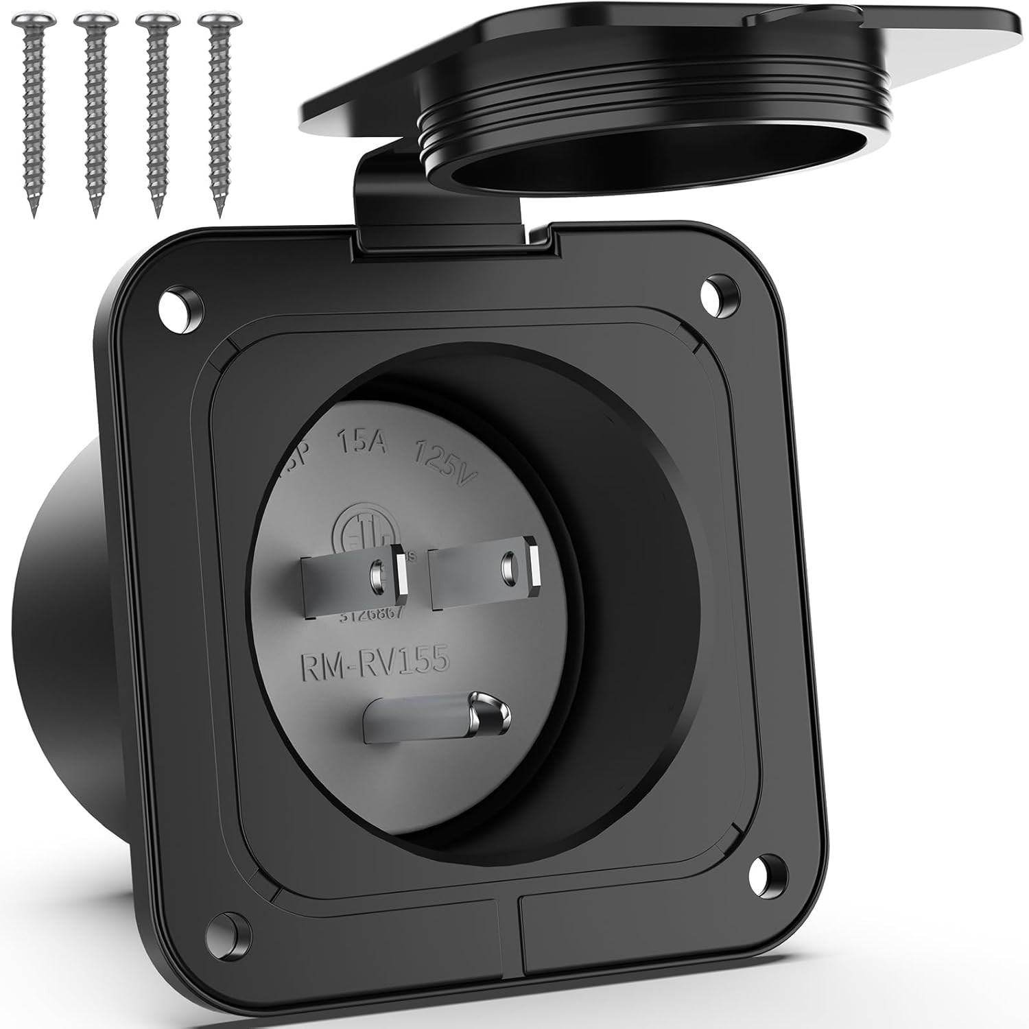 15 Amp 125V Flanged Inlet, 2 Pole 3-Wire AC Port Plug for Electrical Connections