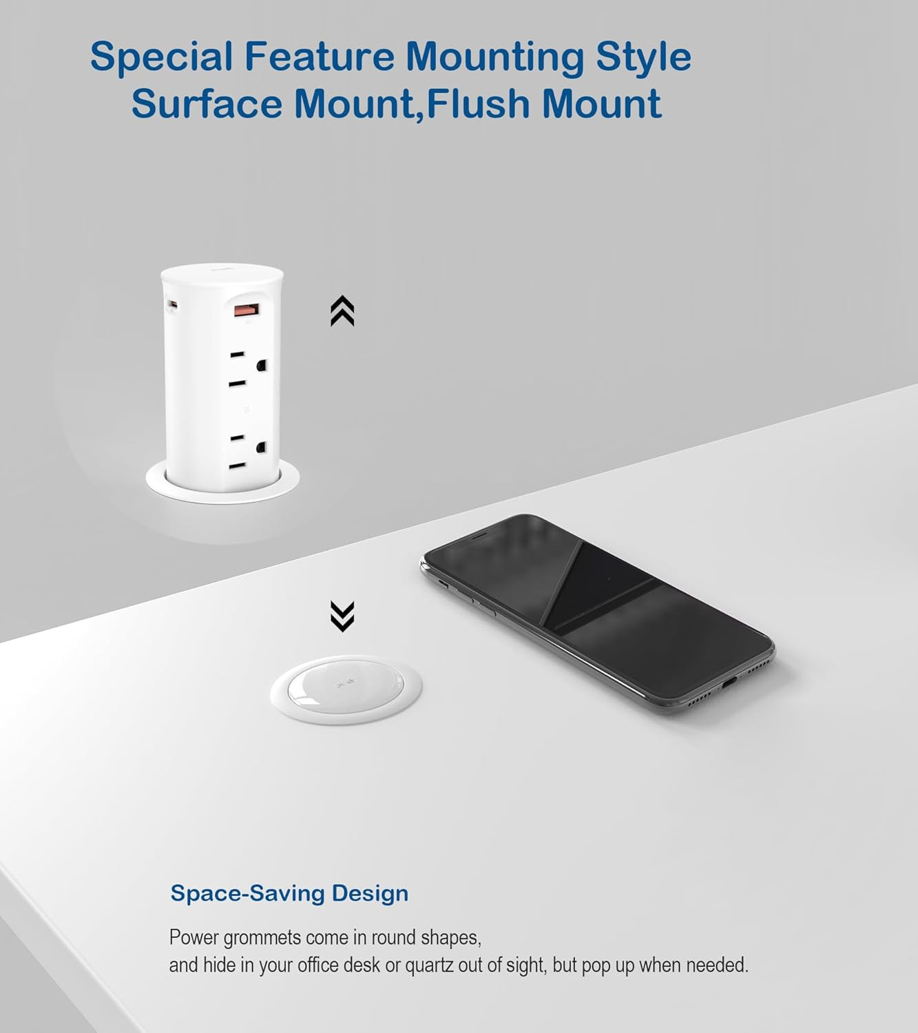 Pop up Outlet for Countertop,2.5In Hole,Etl Listed,White | Flush Mount, 20W USB-