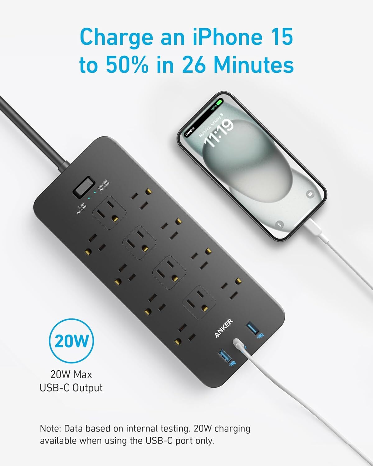 Anker 12 Outlets Power Strip USB C Charger Surge Protector (2100J) Flat Plug 5ft