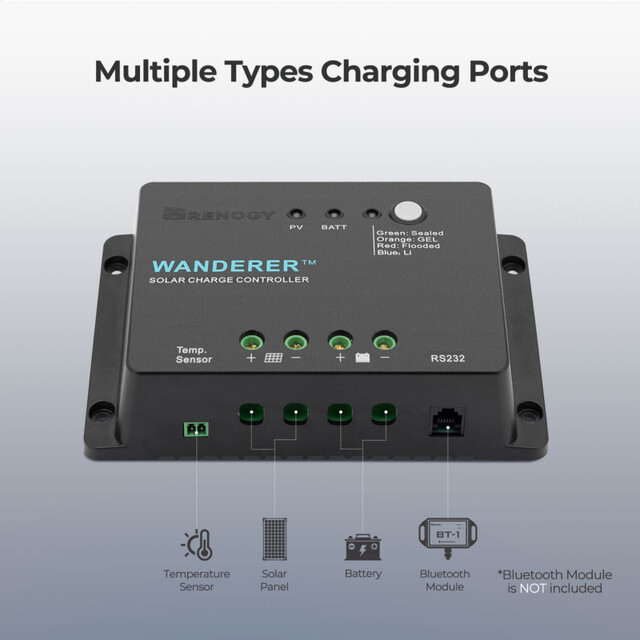 Renogy Wanderer Li 30A 12V PWM Negative Ground Solar Charge Controller Lithium