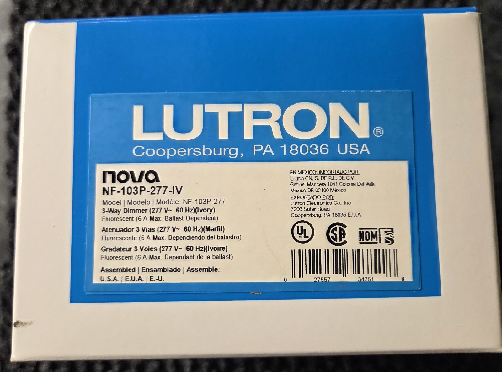 Lutron Wall Dimmer Switch NOVA NF-103P-277-IV 3-way 6A Fluorescent 277v NEW