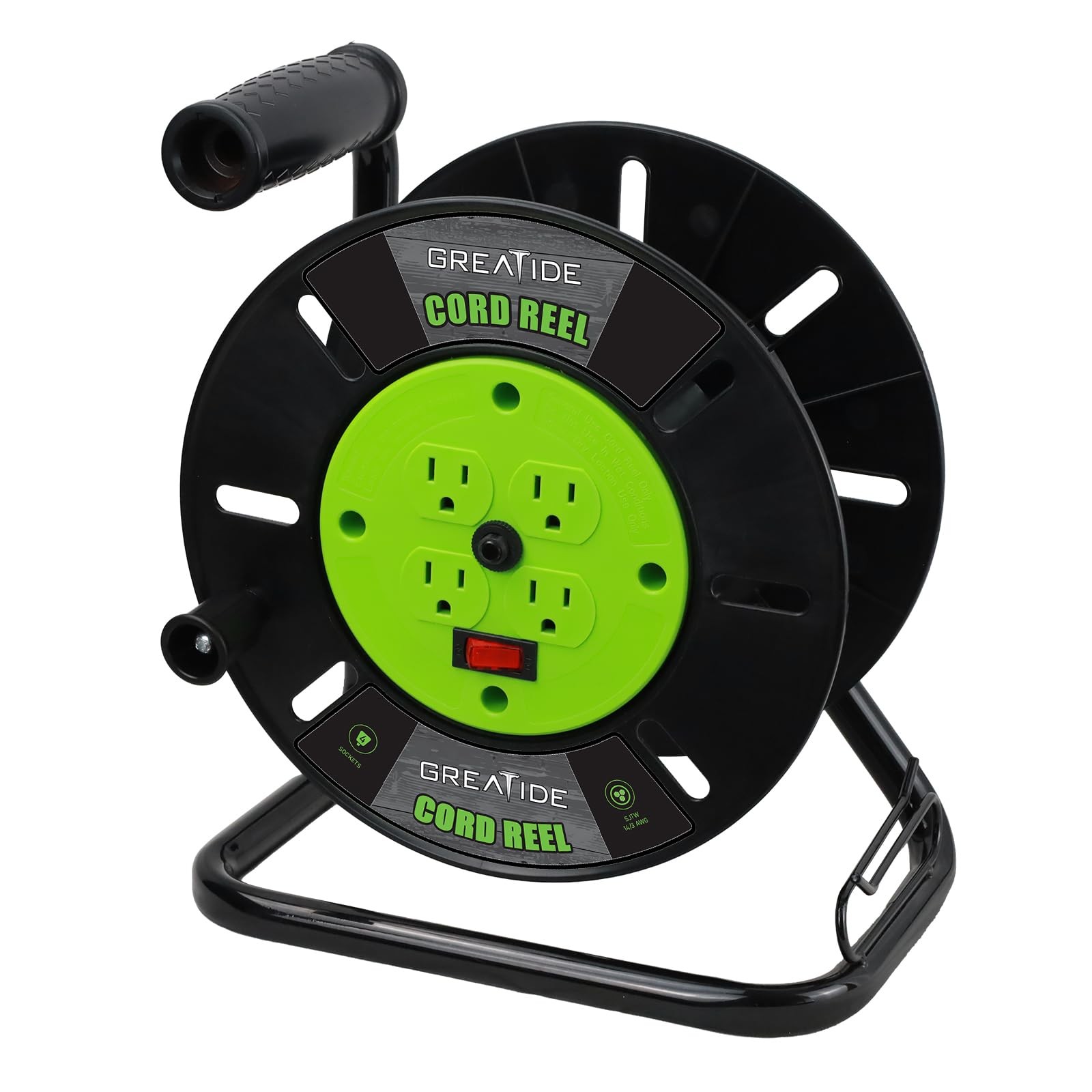 Green Cord Storage Reel, 4 Outlets, 10A Breaker, Hand Crank,Empty,12/14/16 Gauge