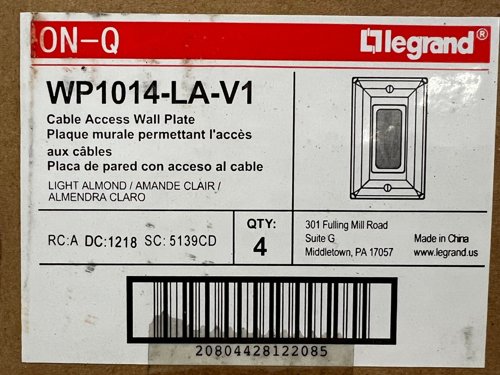 CASE OF 4 Legrand On-Q Light Almond Cable Access Wall Plates WP1014-LA-V1