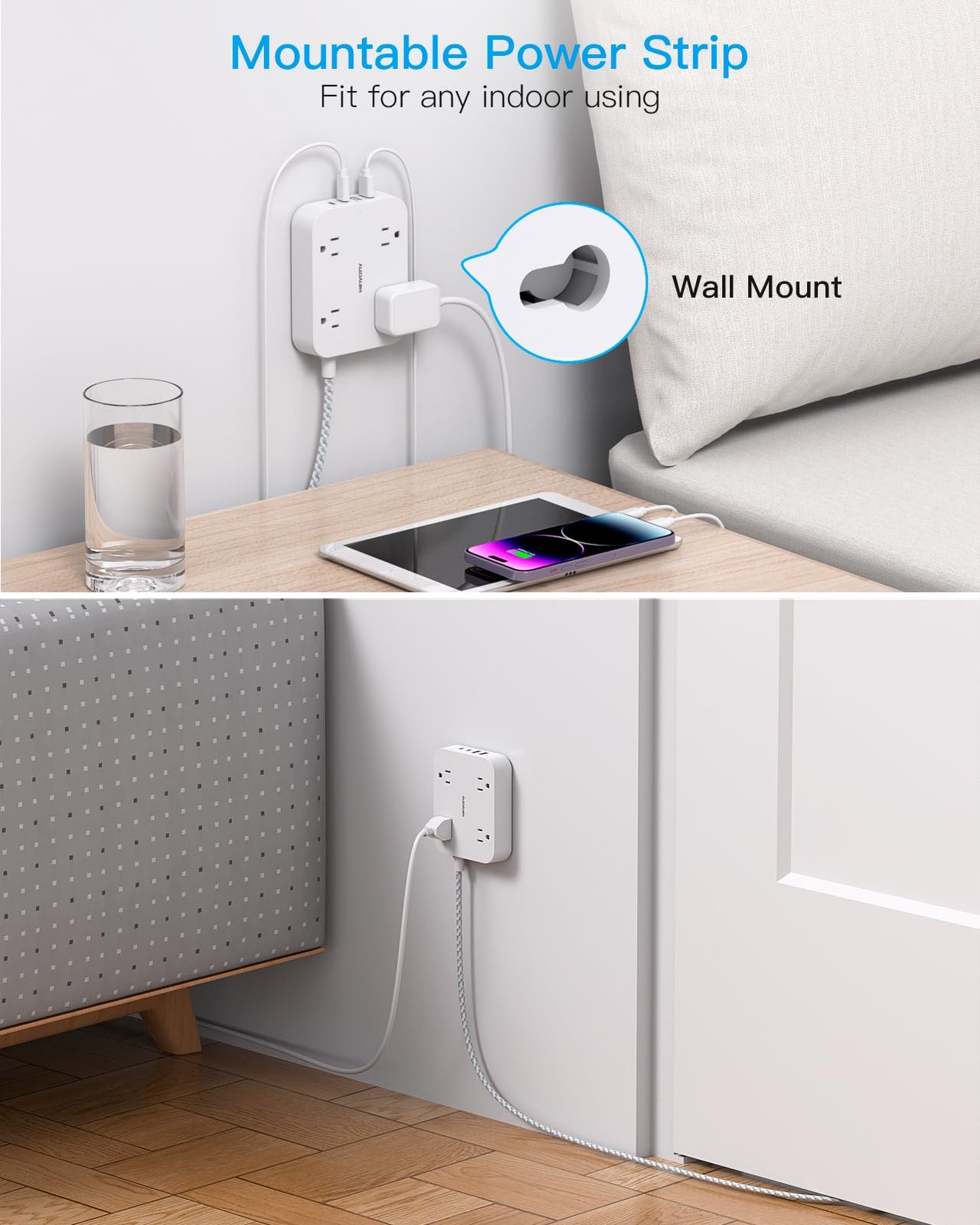 Flat Plug Extension Cord, HANYCONY 5ft Power Strip with 4 USB Ports2 USB C, 4…