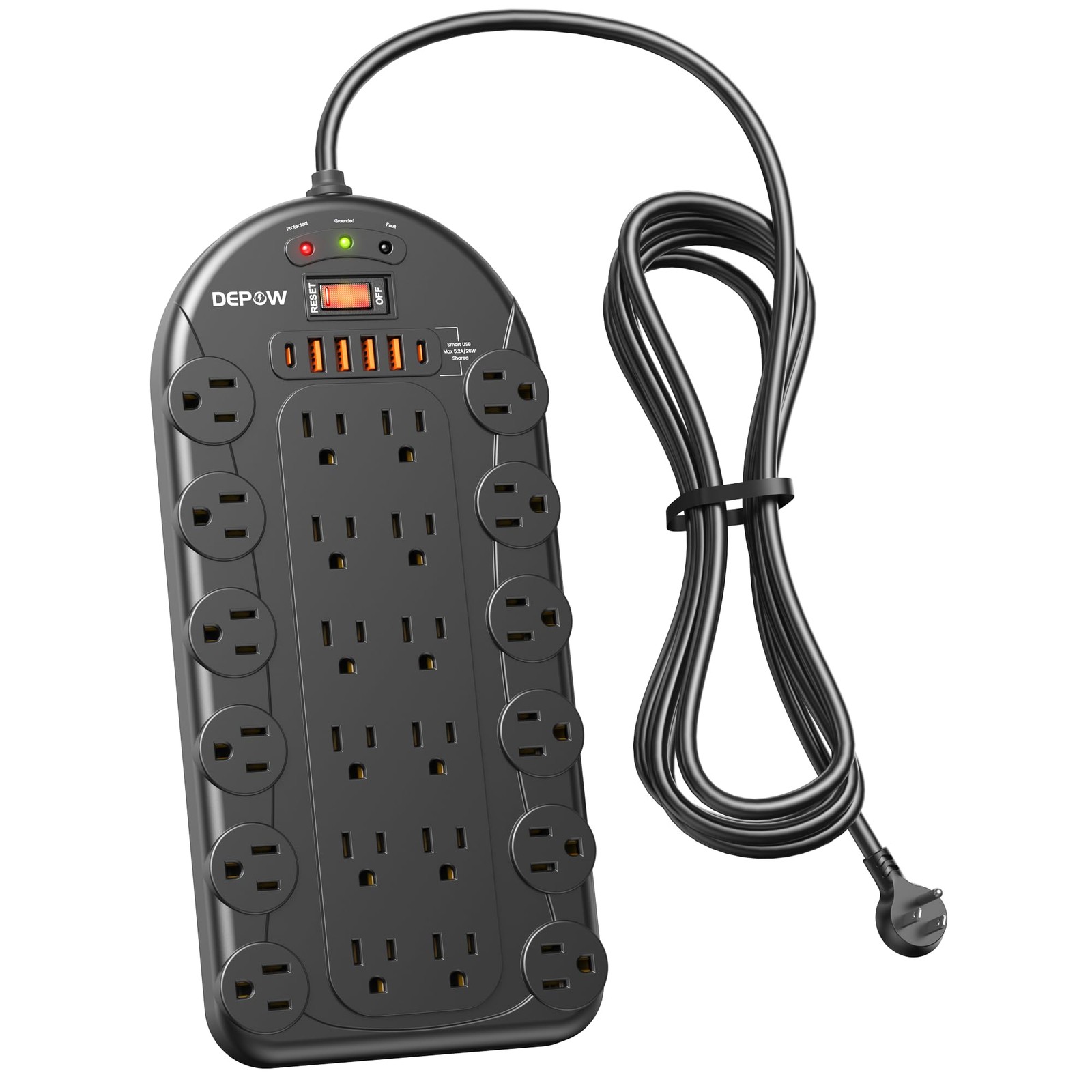 DEPOW Power Strip, 24 AC Outlets (1875W/15A) with 6 USBs (2 USB-C 8 FT, Black