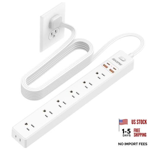 10Ft Power Strip Surge Protector,Flat Extension Cord,7 AC Outlets 4 10 Ft White