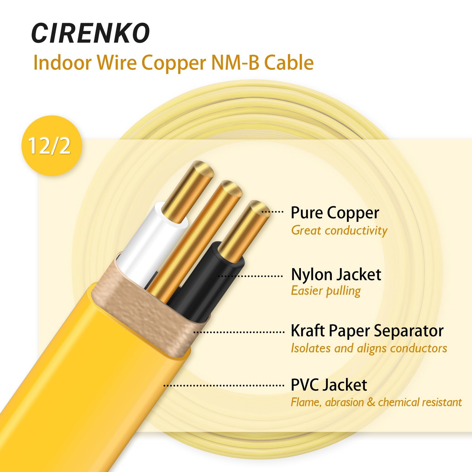 CIRENKO 12/2 NM-B Cable 100 FT – UL Listed Residential Indoor 100FT, Yellow