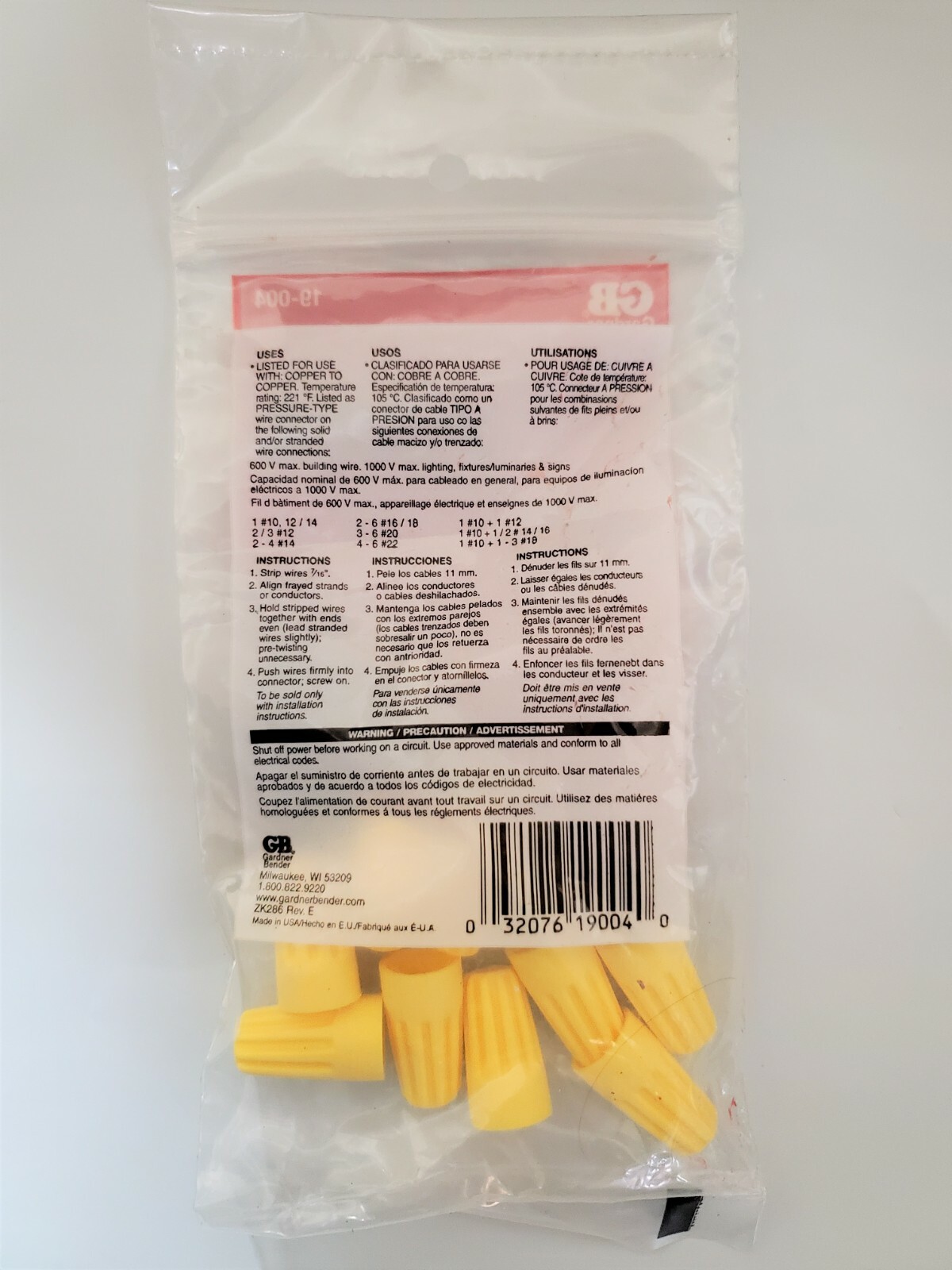 Yellow Wire Connector 3,600ct Nuts 22-10 AWG, Regular/Non-Winged, Gardner Bender