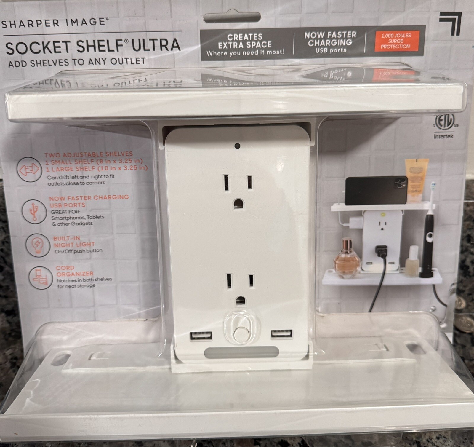 NEW Sharper Image Socket Shelf Ultra 8 Port Surge Protector, Light, 2 Shelves