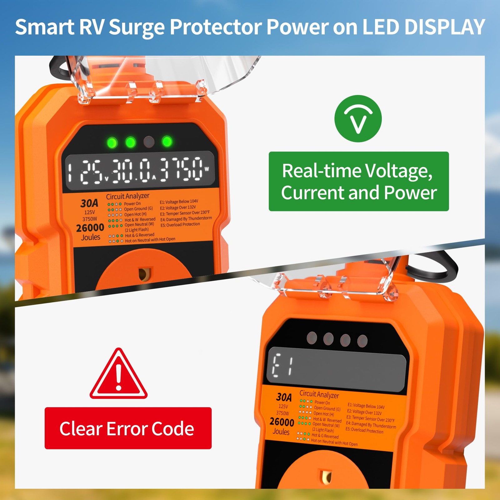 30 Amp RV Surge Protector 26000J Overload Auto Shutoff & Manual Reset