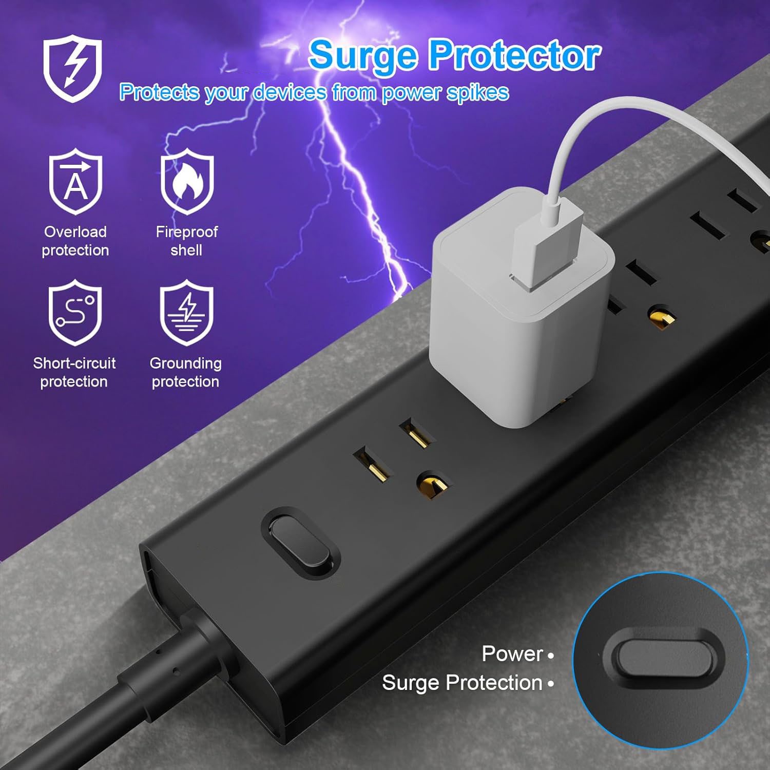 Wall Mountable USB Surge Protector Power Strip 3 USB Ports & 4 Outlet Plugs USA