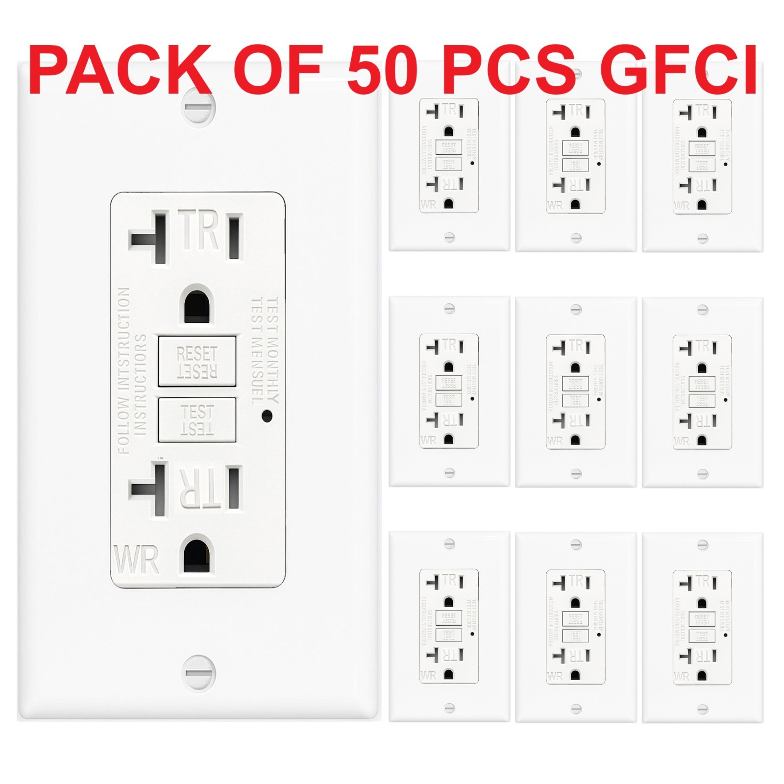 50PK GFCI 20AMPGFI Safety Outlet Receptacle w/ Wall Plate LED Indicator TR WR