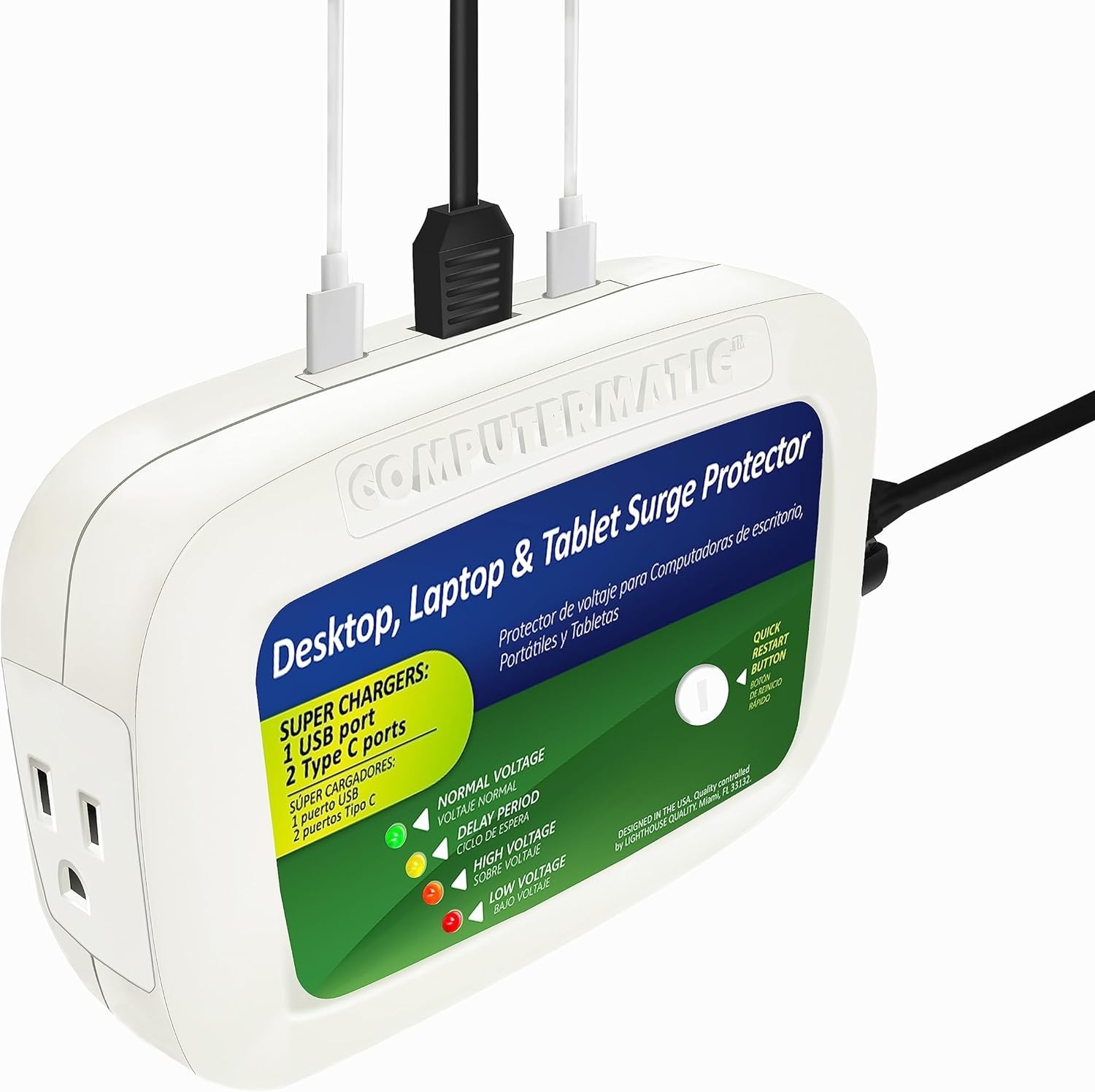 Computermatic 2 in 1 Electronic Voltage & Surge Protector, Fast Charging Brick