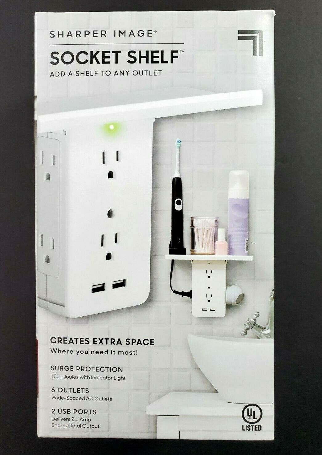 Sharper Image Socket Shelf Authentic 6 Wall Outlet 2 USB