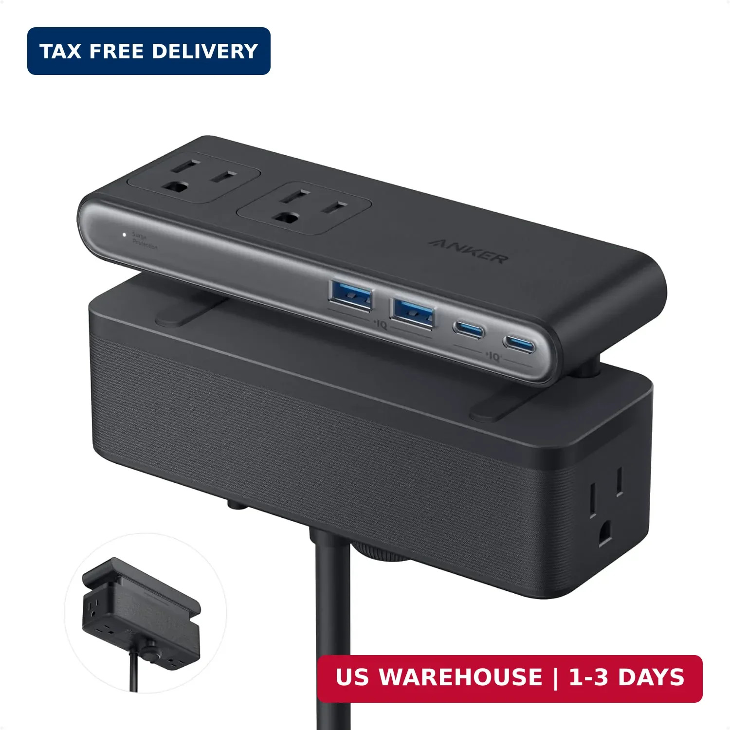 Anker Nano Power Strip, Desk Clamp with 1500J Surge Protector, 5ft Extension Cor
