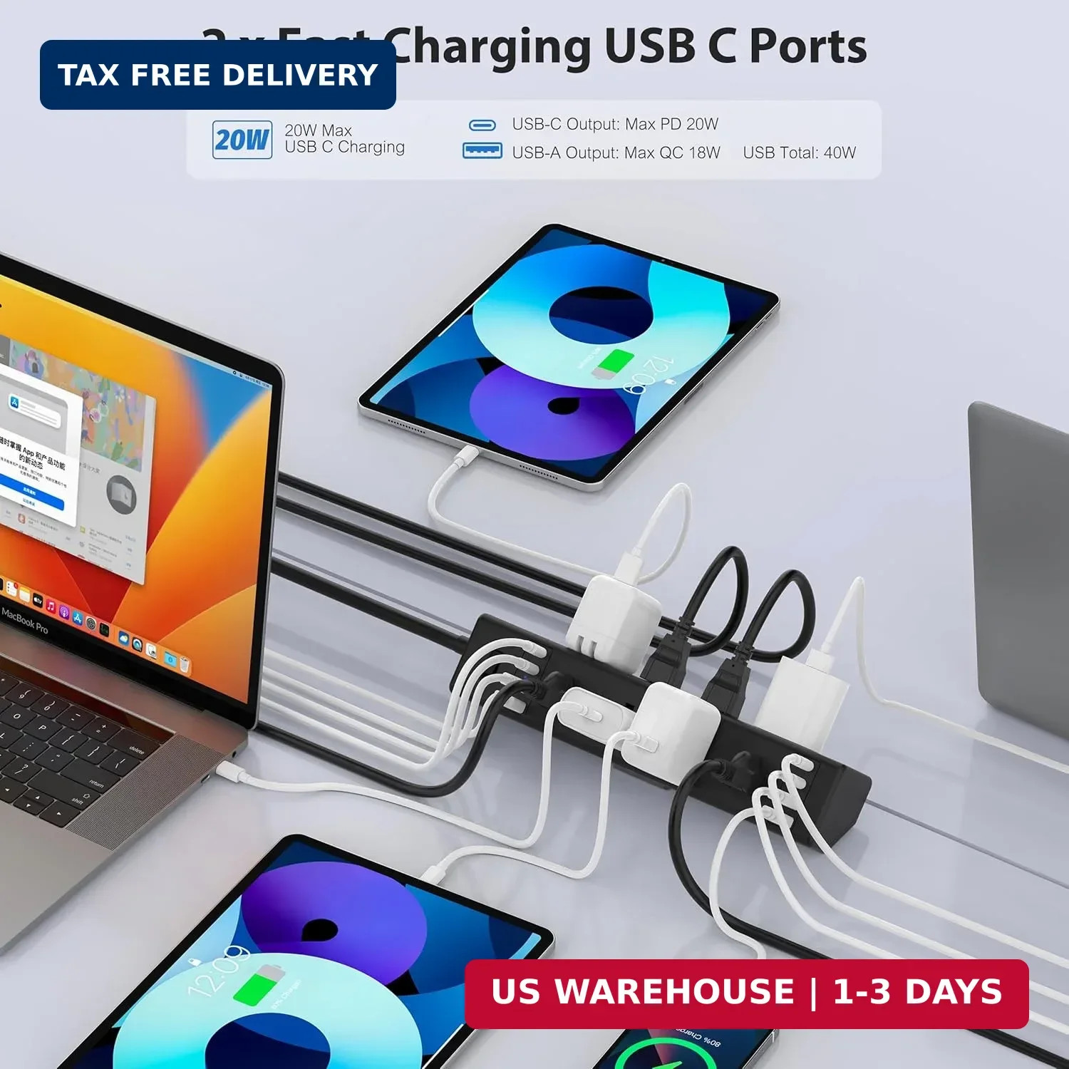 Desk Clamp Power Strip 40W USB C,8 Outlets,8 USB,6FT,Black | 40W Fast